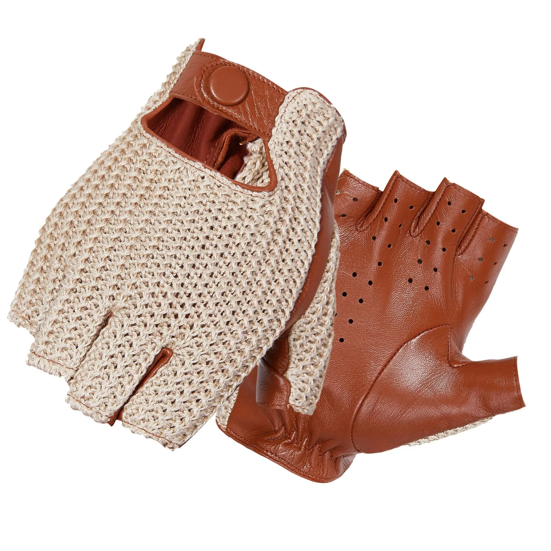 Leather Driving Glove - メンズ 本革製、裏地なし、レトロなデザイン、スナップボタン付き、指先が開いたタイプ、半指タイプ、タクティカル、運転用、ライディング用、パンクロック風、ショートグローブ、ミトン