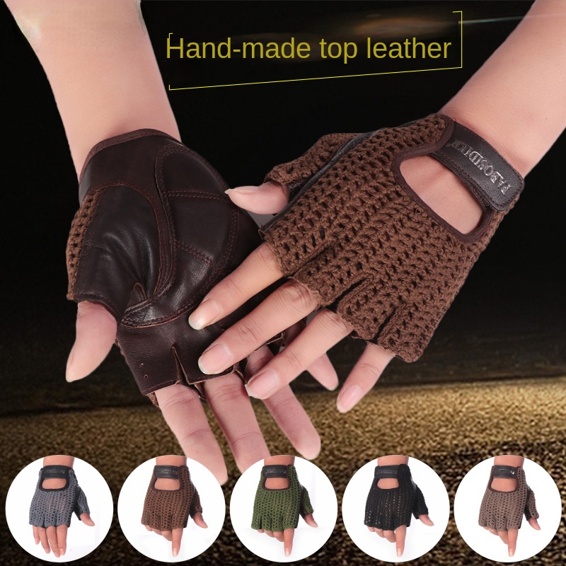Leather Driving Glove - ユニセックスサマーハーフフィンガーレトロ牛革グローブ ヴィンテージバイカーグローブ バイク運転 レース モーターサイクル用