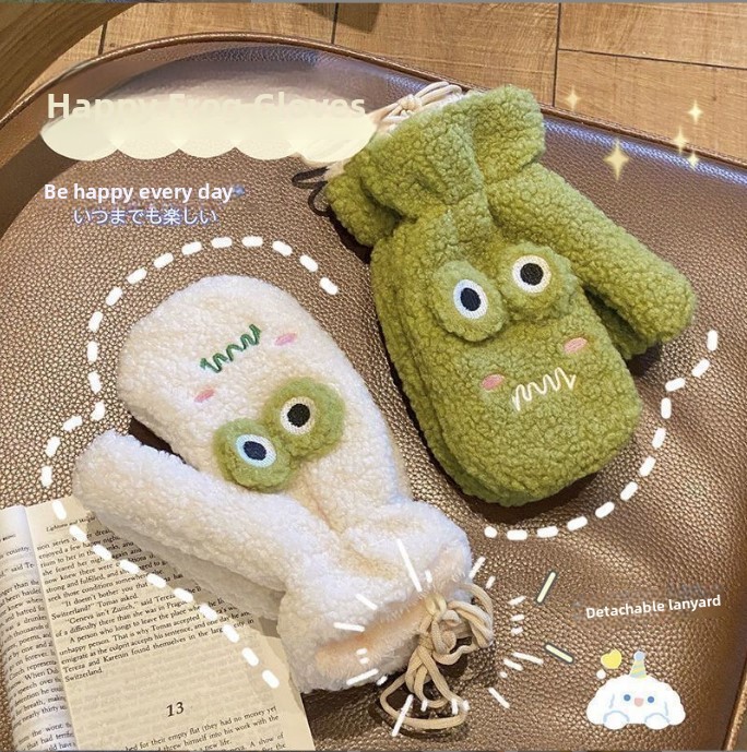 韓国スタイルのかわいい緑の漫画カエル手袋女性の屋外サイクリン - Wool Glove Lined のレビューと価格