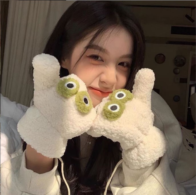 韓国スタイルのかわいい緑の漫画カエル手袋女性の屋外サイクリン - Wool Glove Lined のレビューと価格