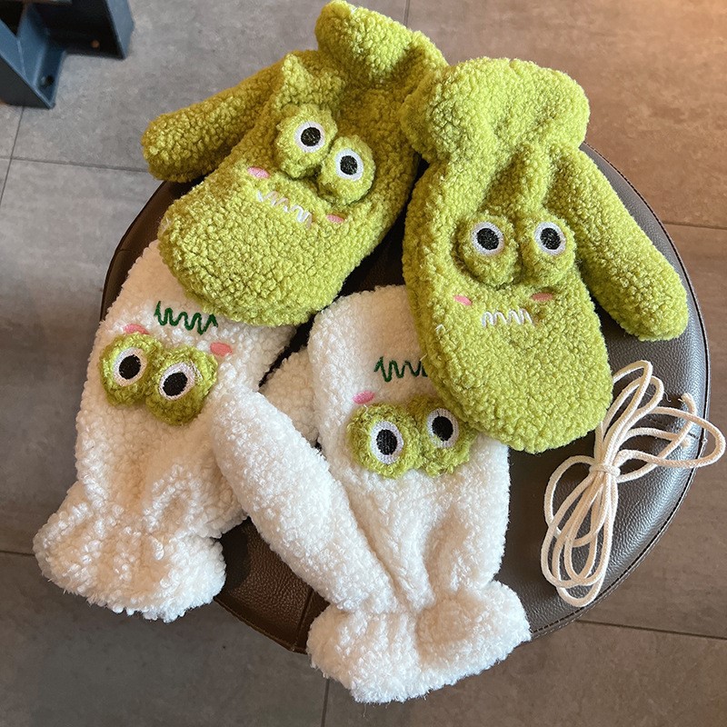 韓国スタイルのかわいい緑の漫画カエル手袋女性の屋外サイクリン - Wool Glove Lined のレビューと価格