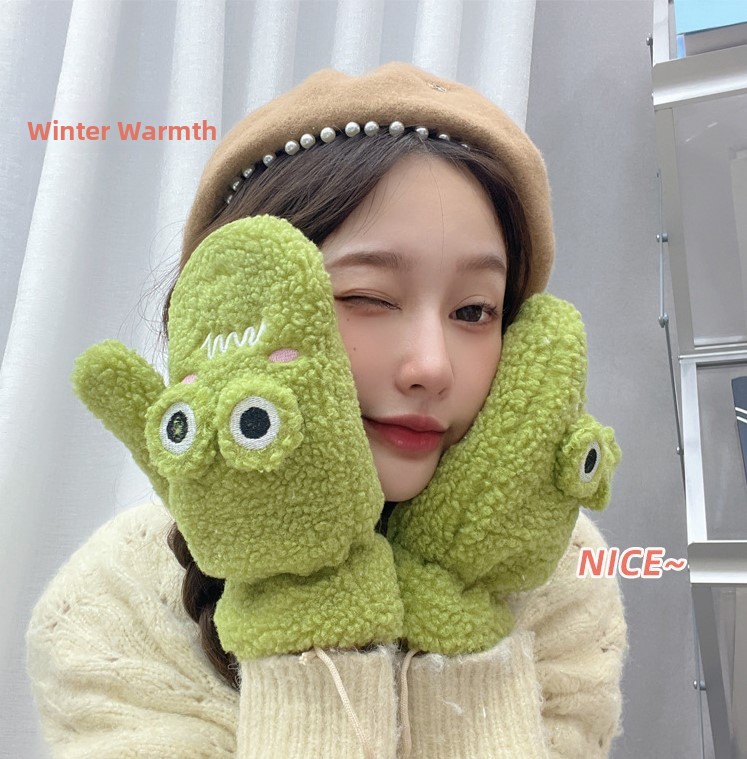 韓国スタイルのかわいい緑の漫画カエル手袋女性の屋外サイクリン - Wool Glove Lined のレビューと価格