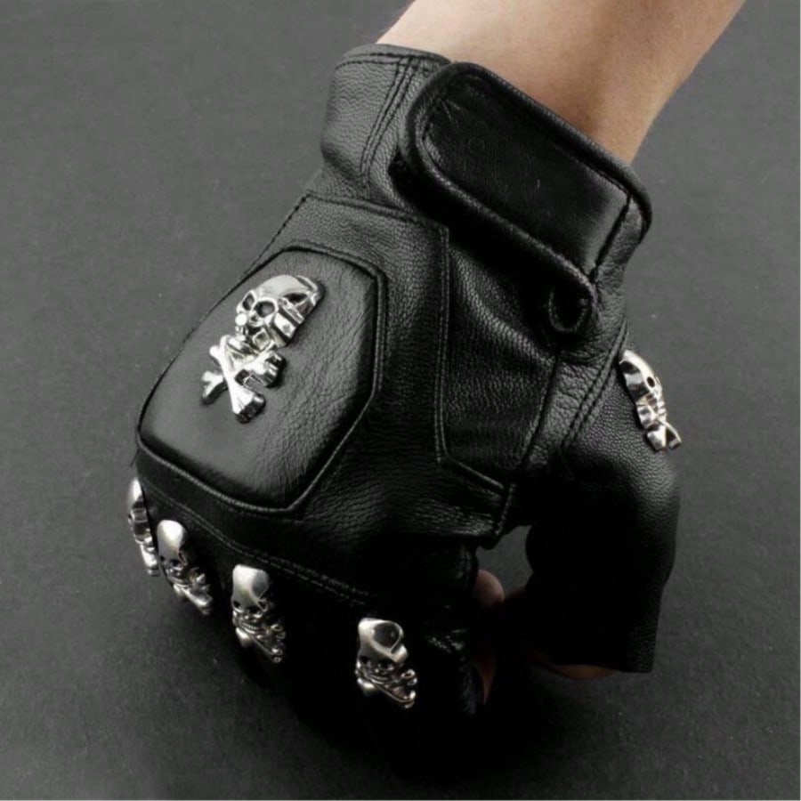 メンズ用、本革製、スカル柄、パンク・ロック風、運転用、バイク - Leather Driving Glove のレビューと価格